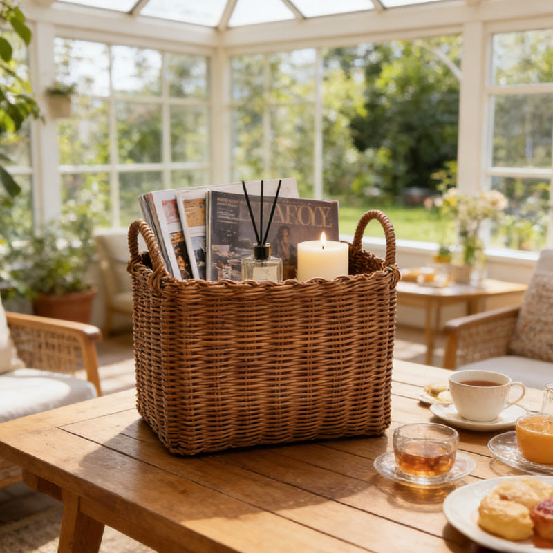 Solid brown Handheld Plastic Woven Rattan Style Vegetable and Gift Basket