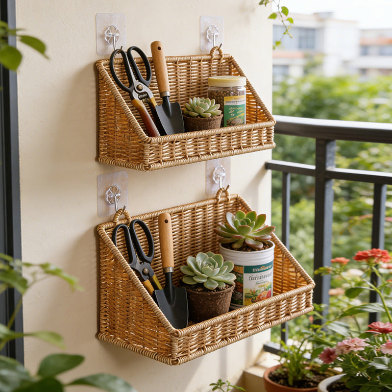 Light brown No Drill Rattan Style Bathroom Wall Storage Rack Organizer Basket