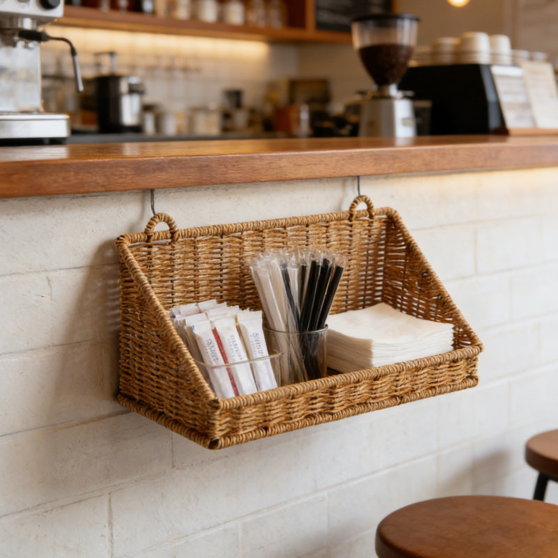 No Drill Rattan Style Bathroom Wall Storage Rack Organizer Basket