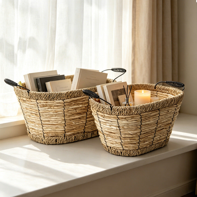 Small Golden Willow Corn Rope Iron Handle Woven Storage Basket for Home