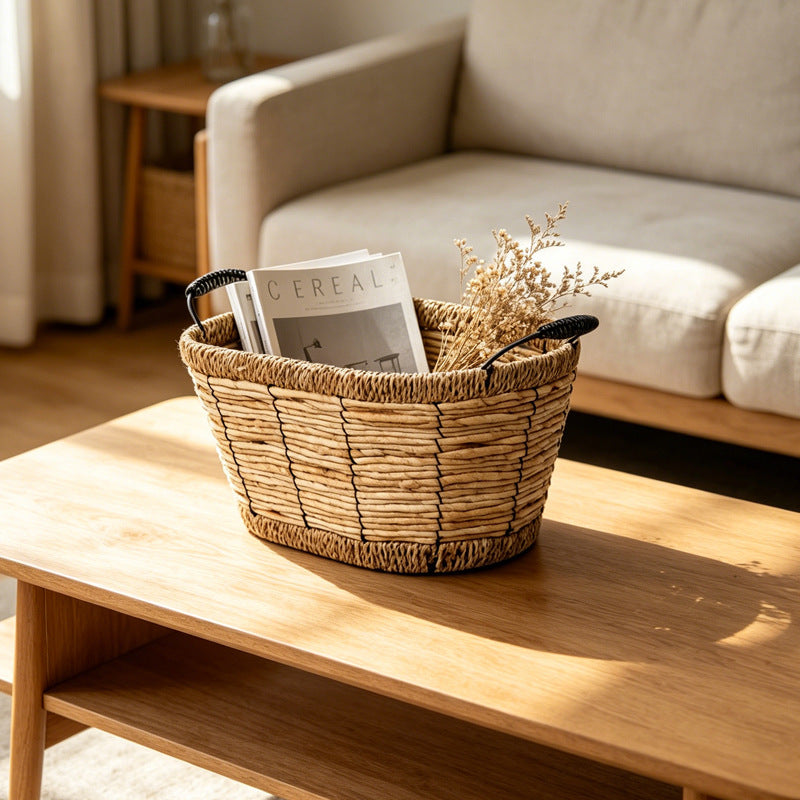 Golden Willow Corn Rope Iron Handle Woven Storage Basket for Home