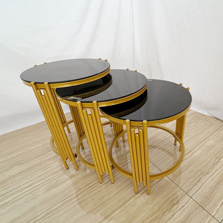 Golden shelf Round Glass Stone Texture Coffee Table 3 Piece Set Living Room