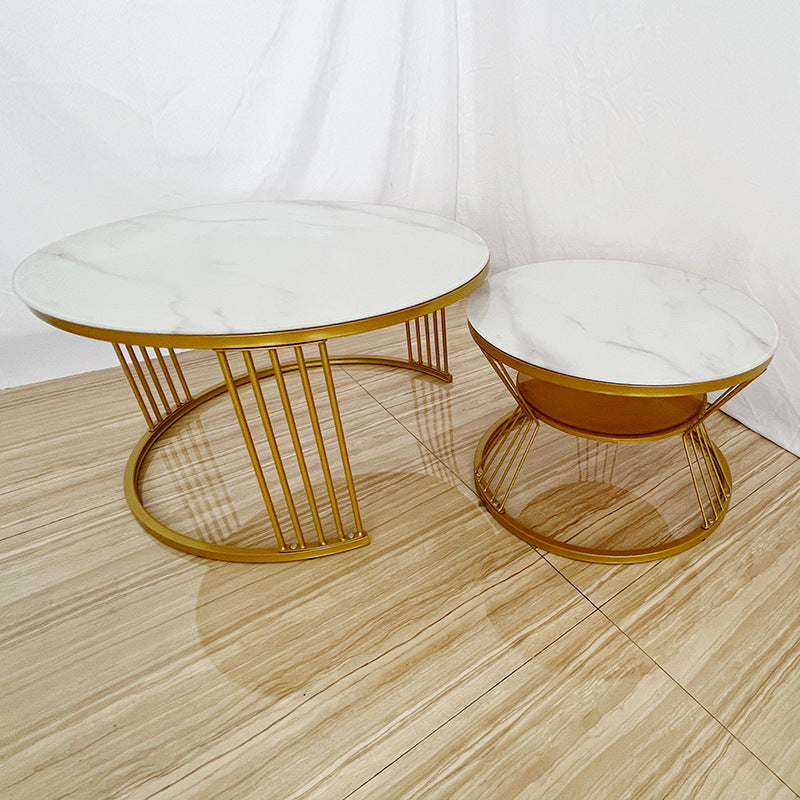 Round Glass Stone Texture Coffee Table 3 Piece Set Living Room