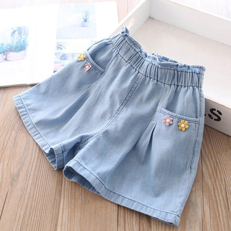 Girls Cotton Lace Bow Denim Summer High Waist Casual Shorts