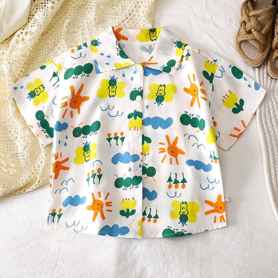 Boys Cotton Cartoon Lapel Shirt Lightweight Summer Cardigan
