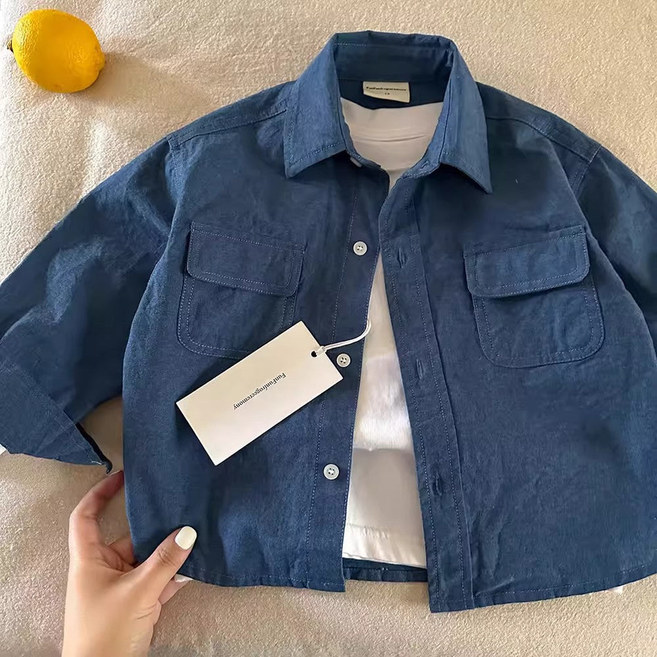 Kids Cotton Long Sleeve Shirt Casual Lapel Jacket Top