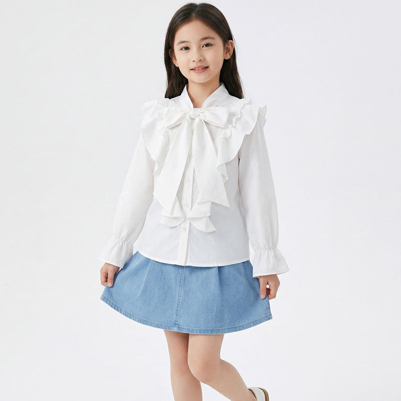 Girls Cotton White Shirt Long Sleeve Korean Style Casual Top