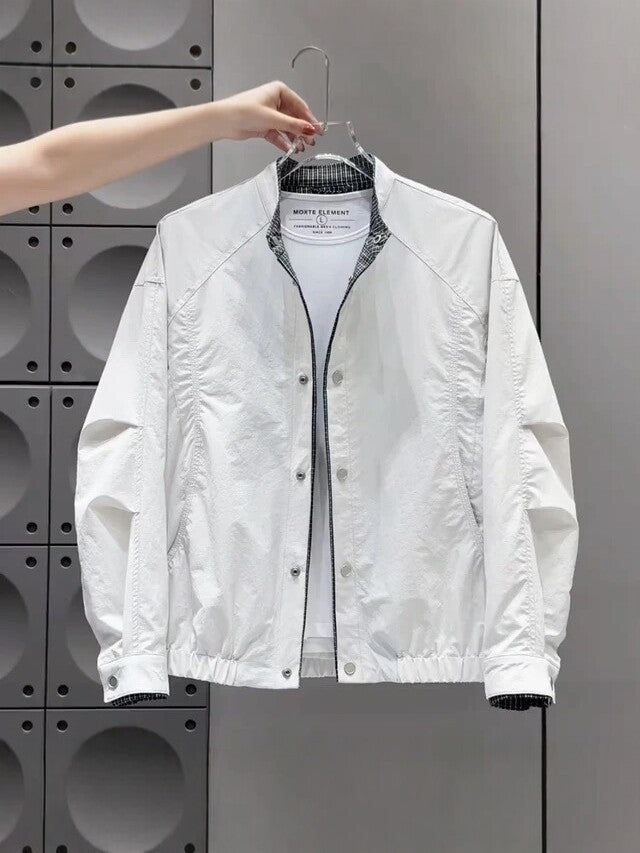 Men's Korean Style Stand Collar Casual Lightweight Jacket in Rice Gray