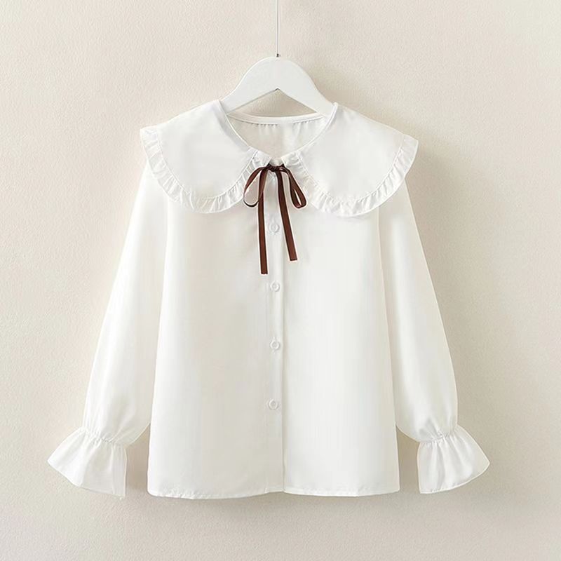 Girls Lace Collar White Shirt Long Sleeve Elegant Casual Top