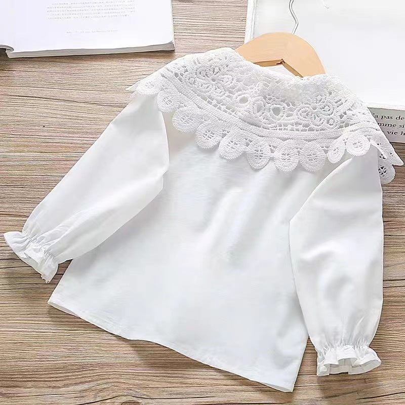 Girls Lace White Shirt Long Sleeve Casual Everyday Top