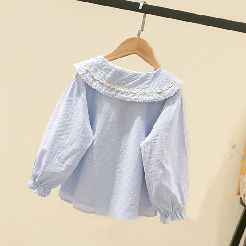 Girls Cotton Stripe Lace Collar Shirt Long Sleeve Casual Top