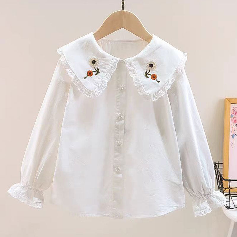 Girls Cotton Embroidered Collar Shirt Long Sleeve White Top