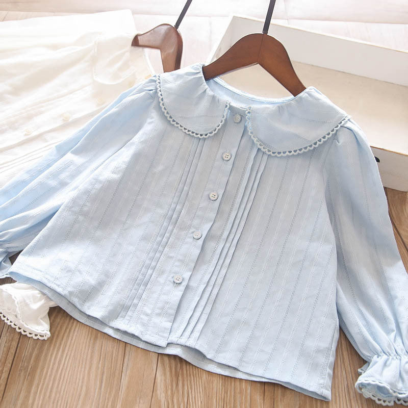 Girls Doll Collar Cotton Shirt Long Sleeve Princess Top