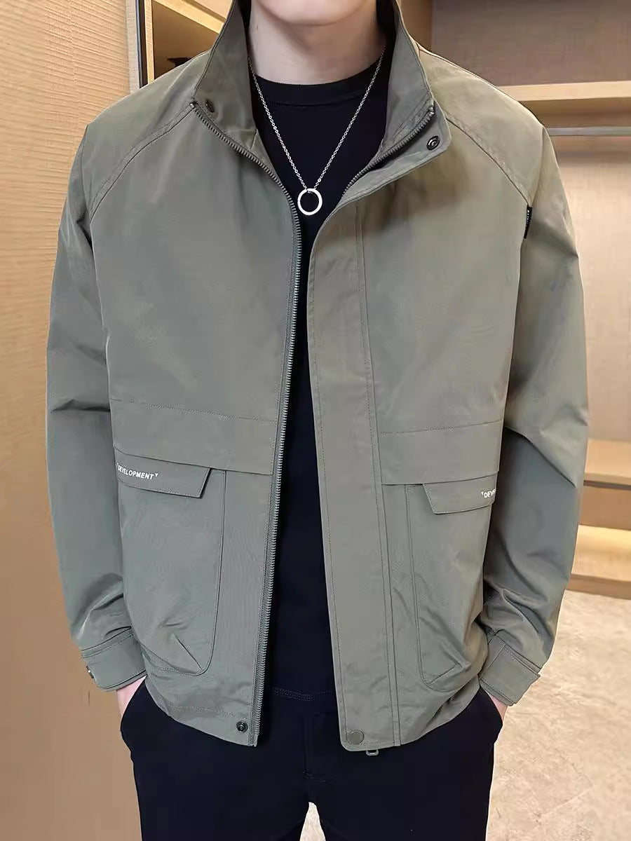 Men's Stand Collar Casual Workwear Jacket with Utility Pockets in Black