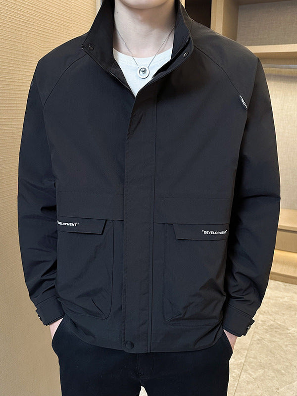 Men's Stand Collar Casual Workwear Jacket with Utility Pockets