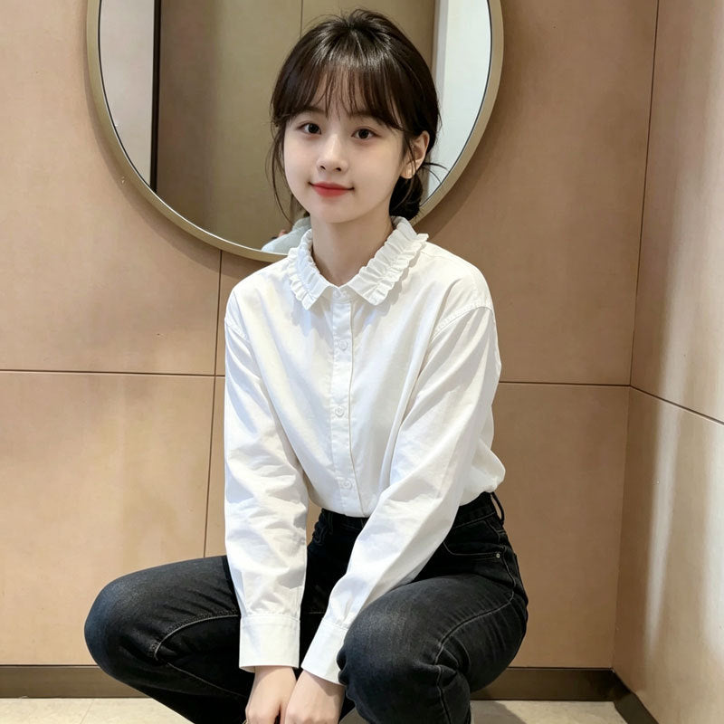 Girls Pure Cotton White Shirt Long Sleeve Casual Base Top
