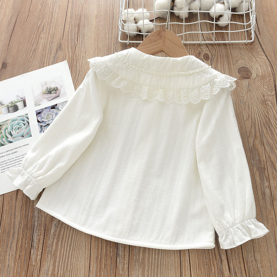 Girls Lace Doll Collar Cotton Shirt Long Sleeve Casual Top