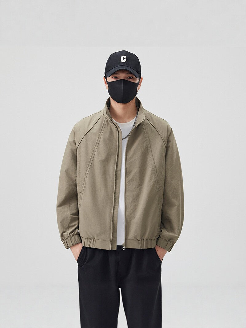 Men's Stand Collar Casual Zip Jacket Minimalist Spring Outerwear in Black