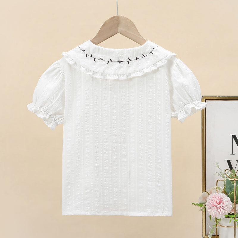 Girls Cotton Doll Collar White Shirt Short Sleeve School Top