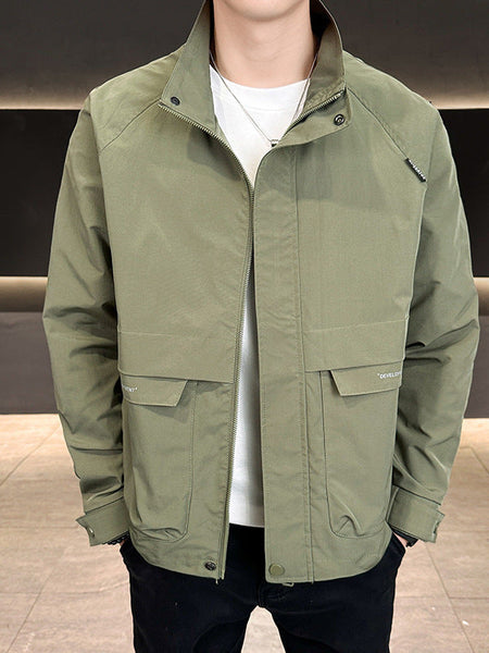 Men's Stand Collar Utility Jacket Casual Multi-Pocket Outerwear in Black