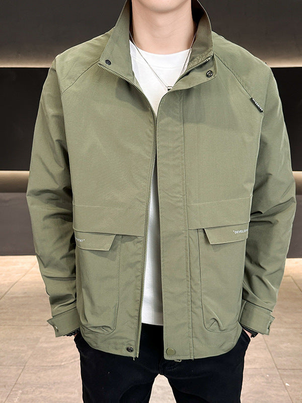 Men's Stand Collar Utility Jacket Casual Multi-Pocket Outerwear in Black