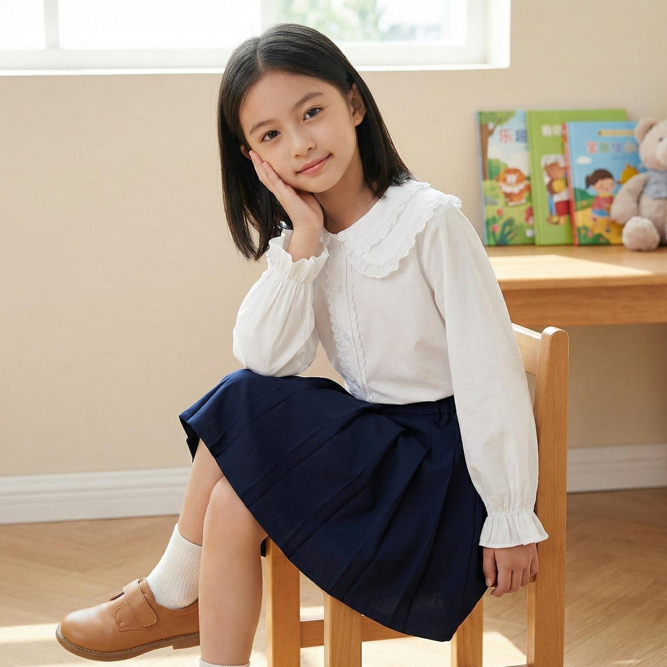 Girls Cotton Doll Collar Shirt Long Sleeve Elegant White Top