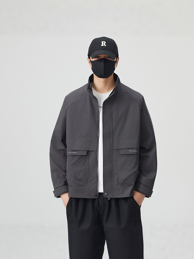 Men's Stand Collar Workwear Jacket Casual Multi-Pocket Outerwear in Black