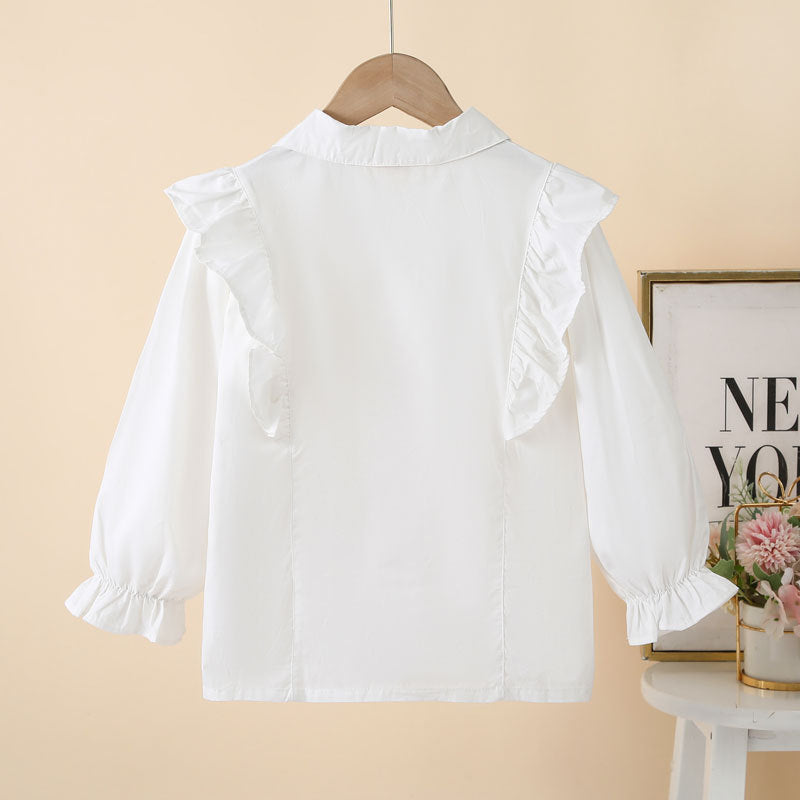 Girls Cotton Doll Collar White Shirt Long Sleeve Casual Top