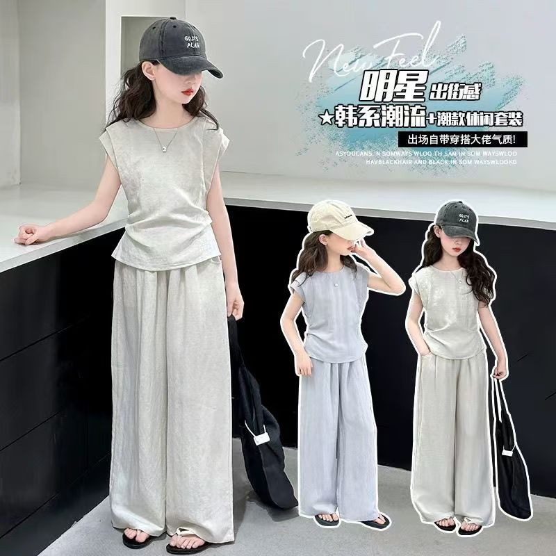 Girls Casual Wide-Leg Pants Two-Piece Outfit Set