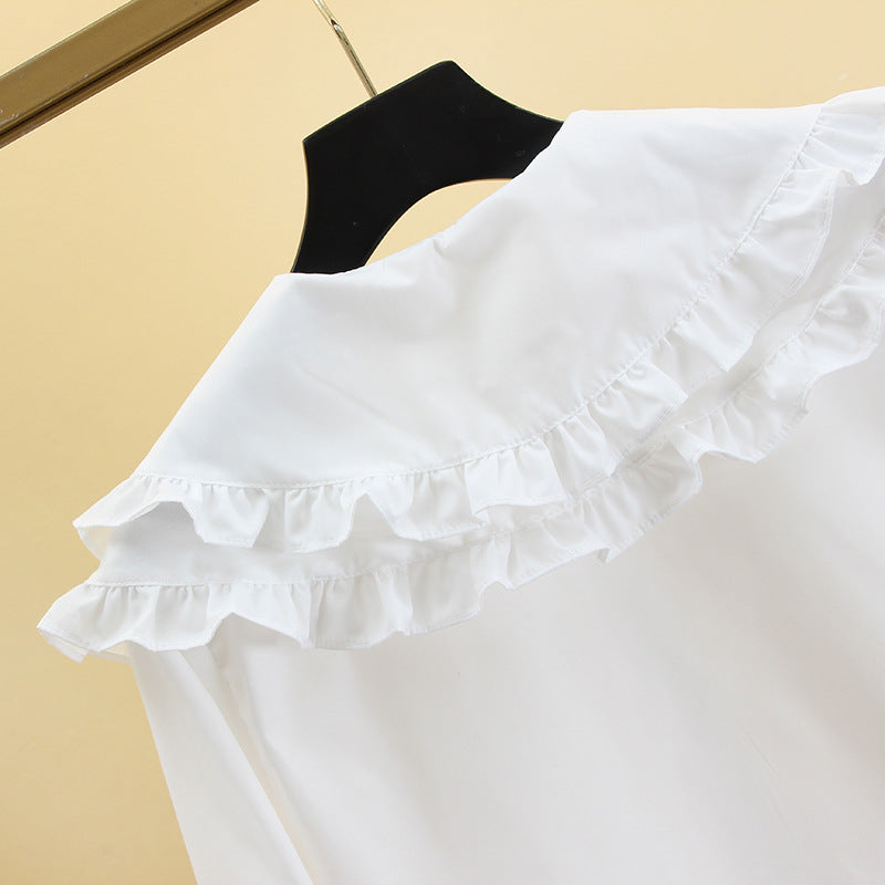 Girls Double Doll Collar Shirt Long Sleeve Elegant White Top