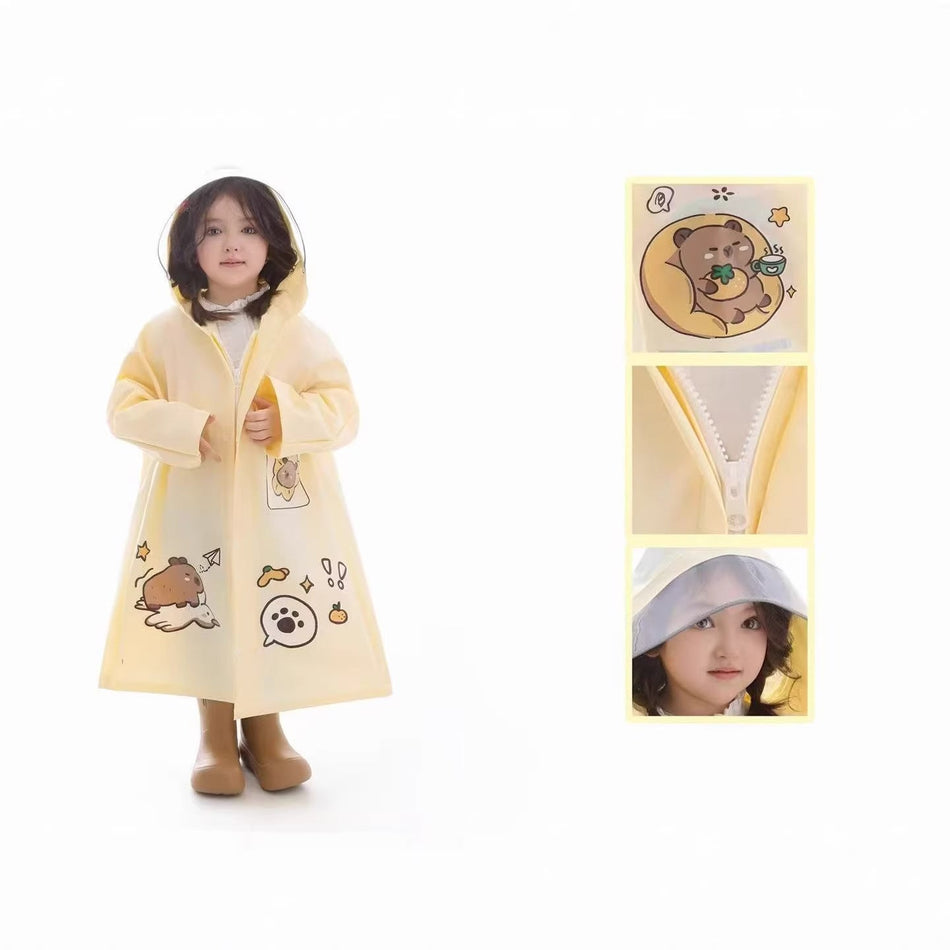 Kids Cartoon Raincoat with Backpack Space and Zipper Closure