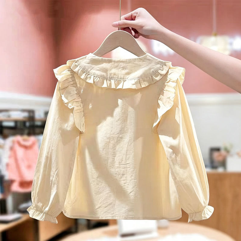 Girls Pure Cotton Lace Collar Shirt Long Sleeve Casual Top