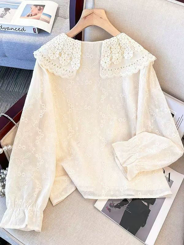 Girls Cotton Lace Doll Collar Shirt Long Sleeve Princess Top