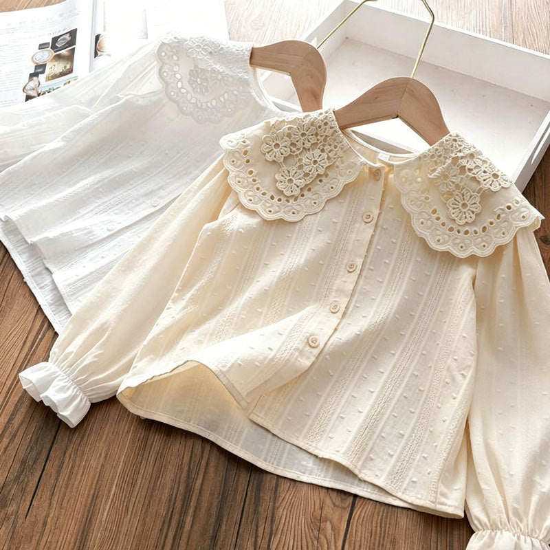 Girls Cotton Lace Collar Shirt Long Sleeve Casual Korean Style