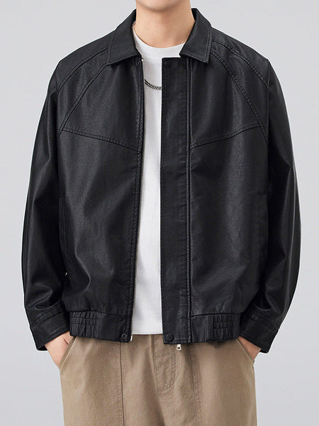 Men's Retro PU Leather Jacket Stand Collar Business Outerwear in Black