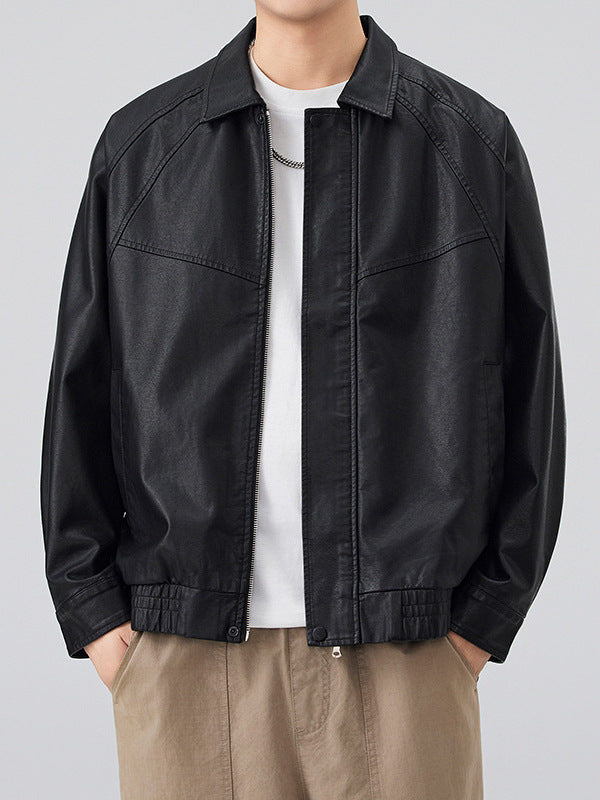 Men's Retro PU Leather Jacket Stand Collar Business Outerwear in Black