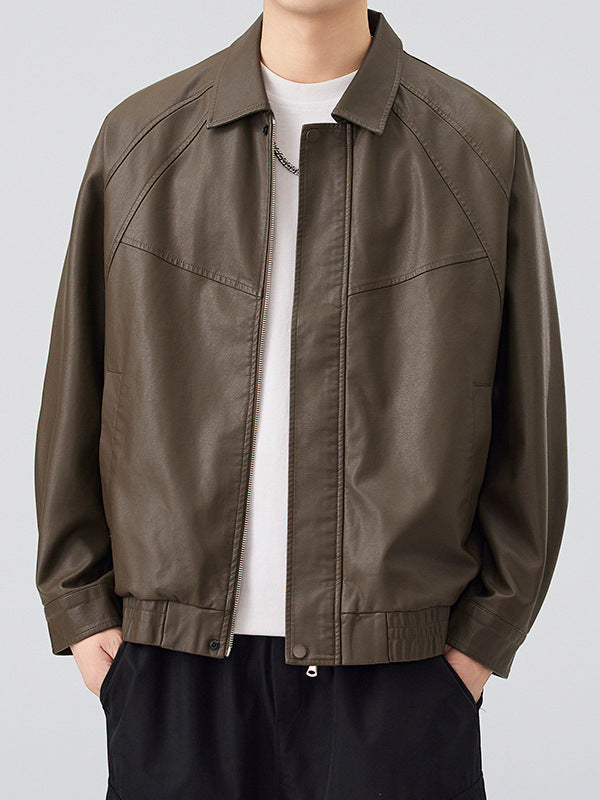 Men's Retro PU Leather Jacket Stand Collar Business Outerwear