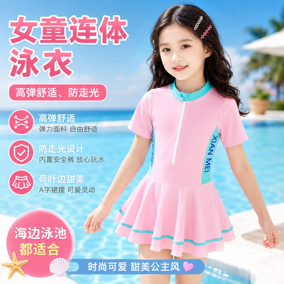 Girls Ruffle One-Piece Swimsuit with Safety Shorts