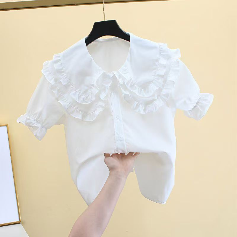 Girls White Cotton Short Sleeve Square Collar Summer Shirt
