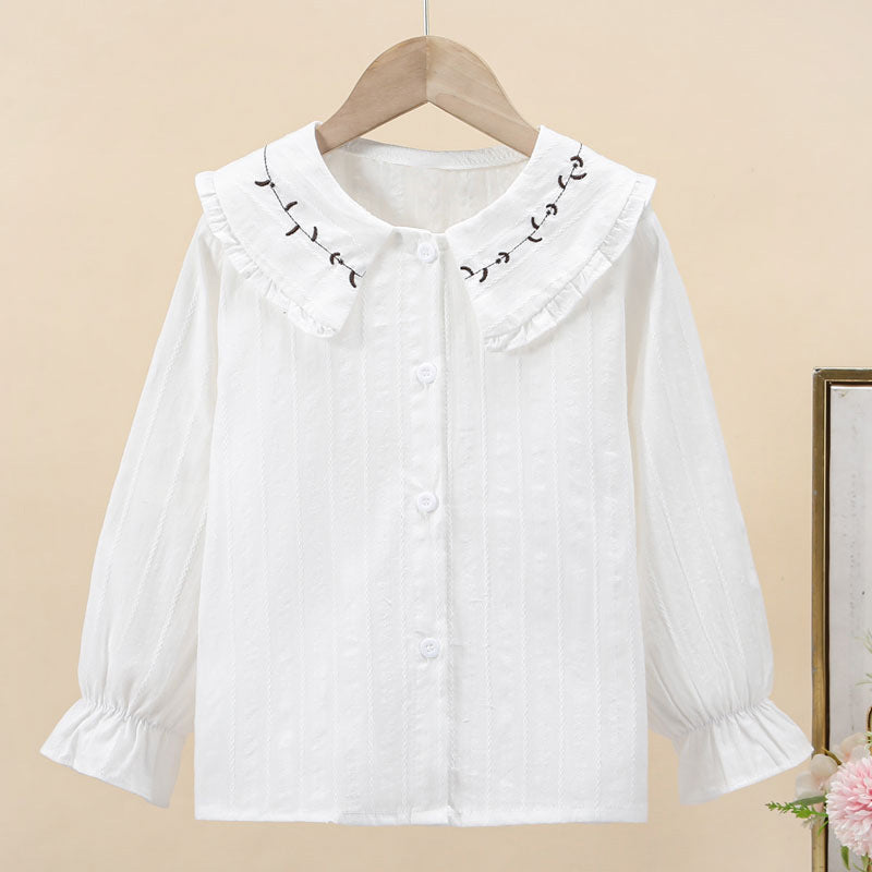 Girls Cotton Doll Collar White Shirt Long Sleeve Casual Top