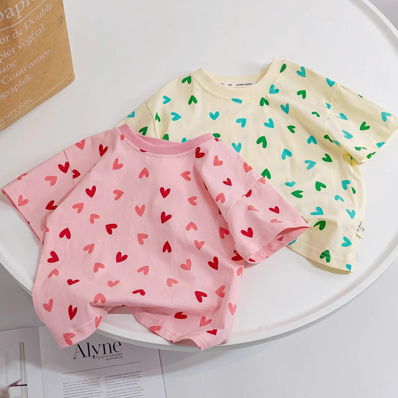 Girls Cotton Heart Print Loose Fit Casual Short Sleeve T-Shirt