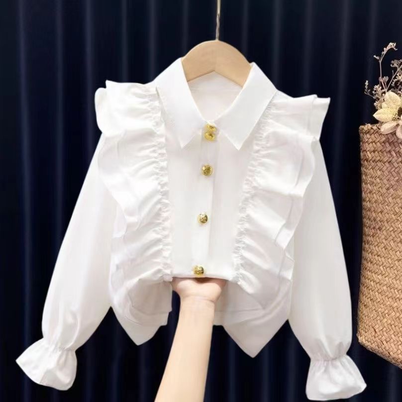 Girls Lace Square Collar Long Sleeve White Casual Shirt Top