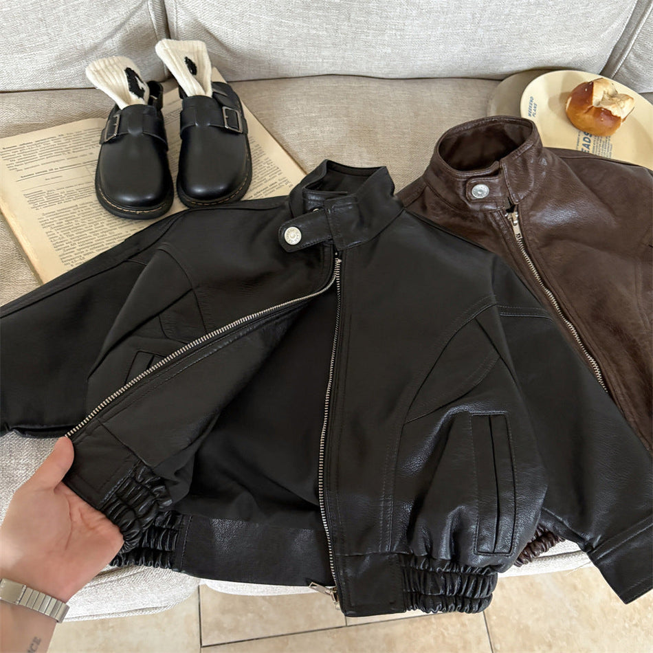 Boys Retro PU Leather Motorcycle Jacket Korean Style