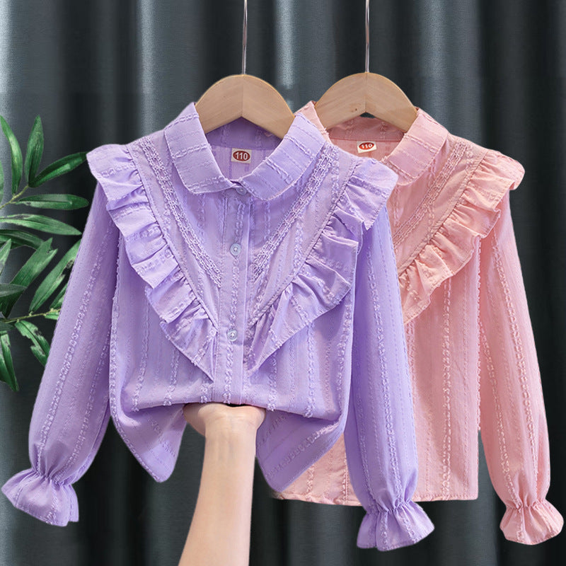 Girls Cotton Long Sleeve Shirt Lace Collar Casual Spring Top