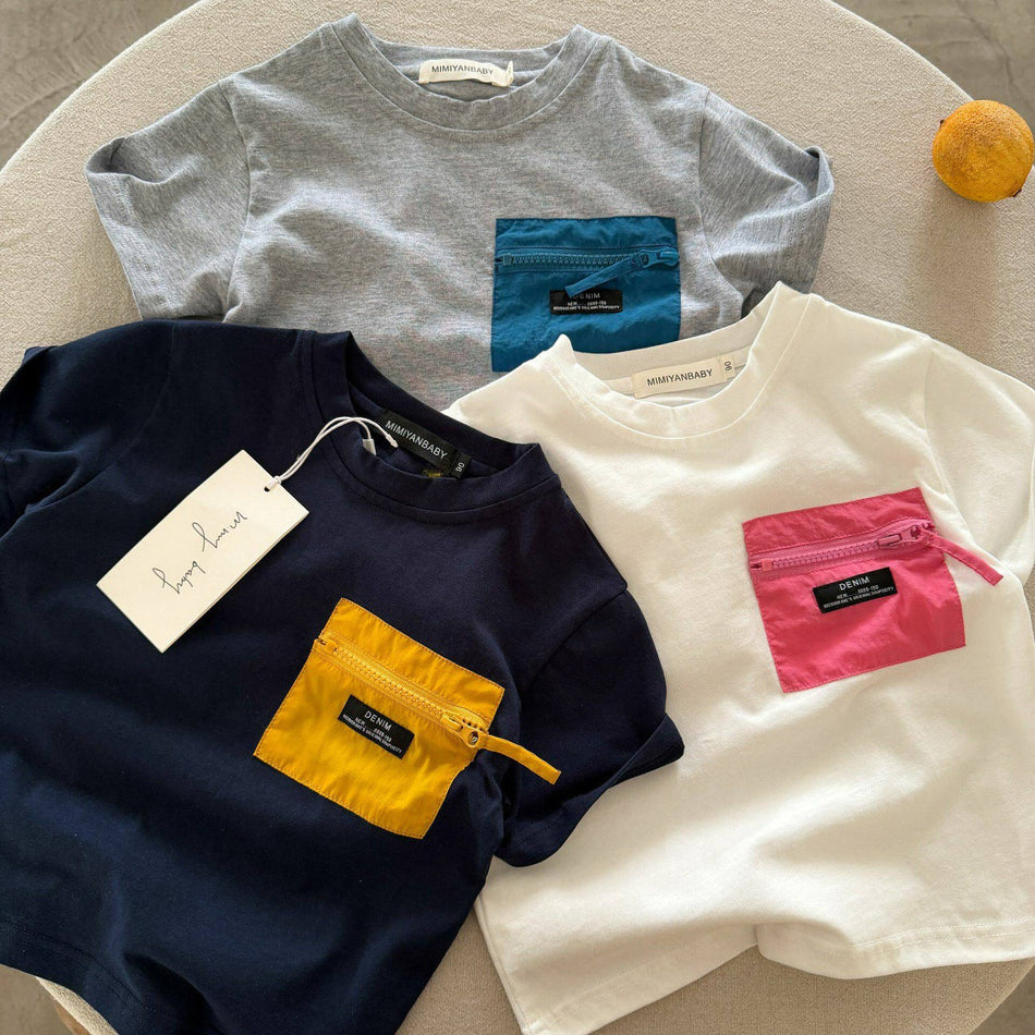 Kids Letter Print Pocket Short Sleeve Cotton T-Shirt