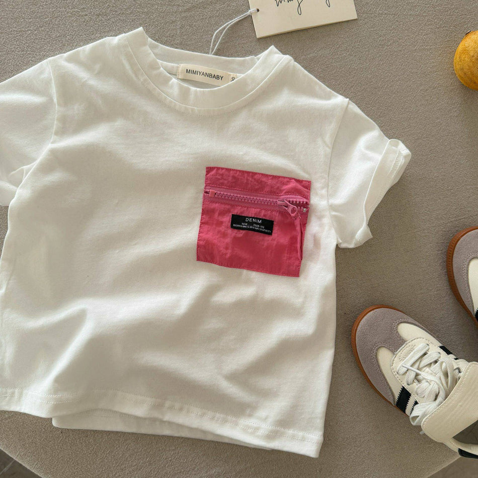 Kids Letter Print Pocket Short Sleeve Cotton T-Shirt