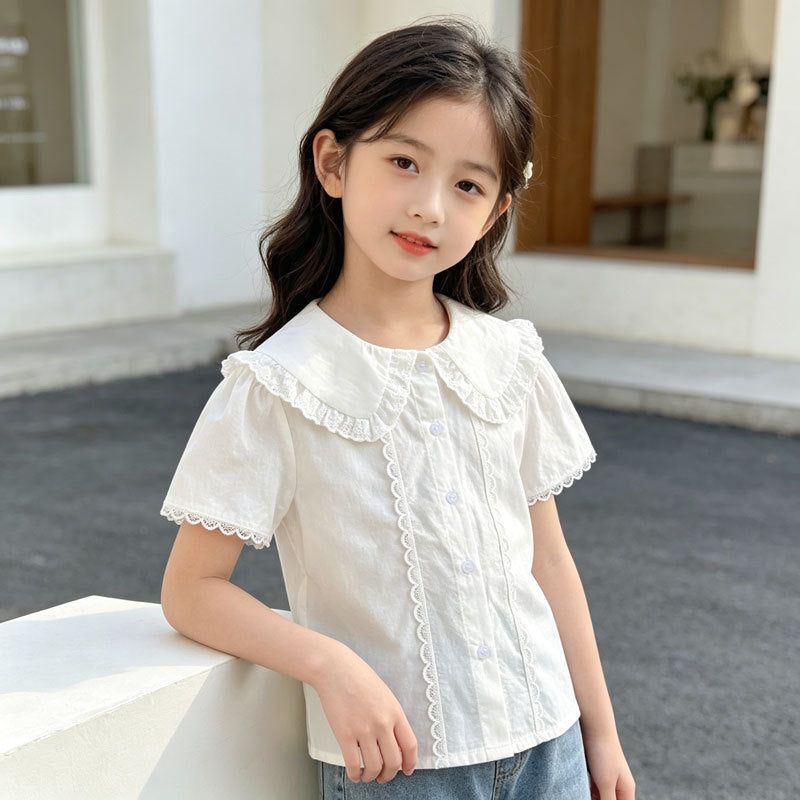 Girls Cotton Doll Collar White Shirt Short Sleeve Casual Top