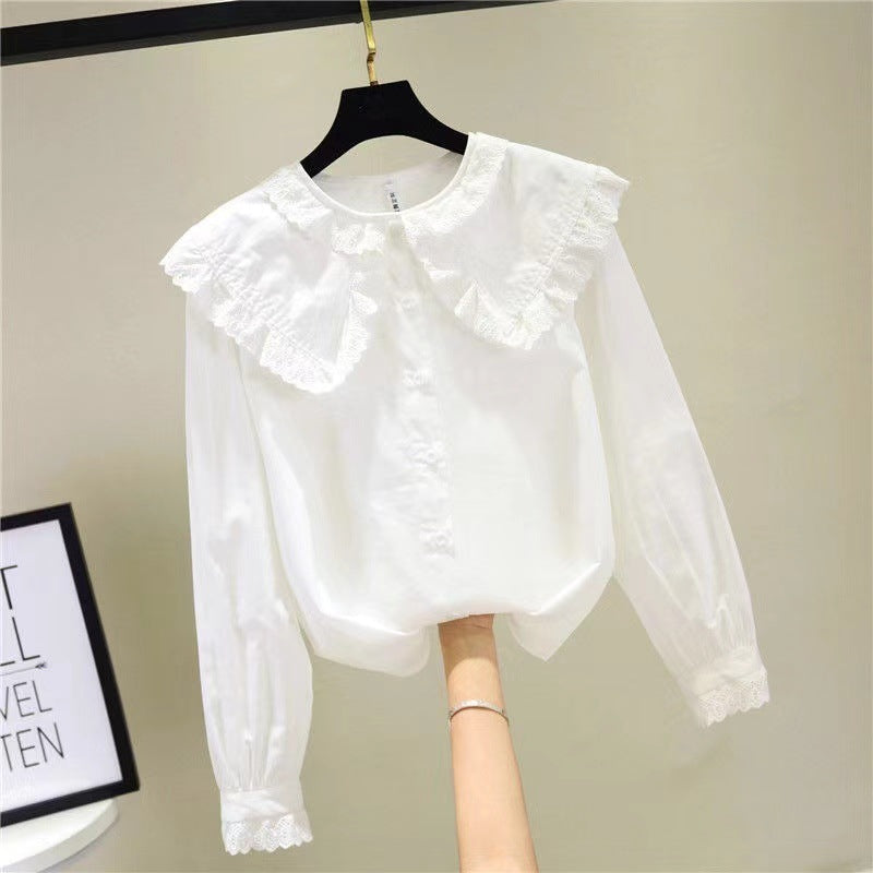 Girls Fleece-Lined Lace Doll Collar Shirt Long Sleeve Top