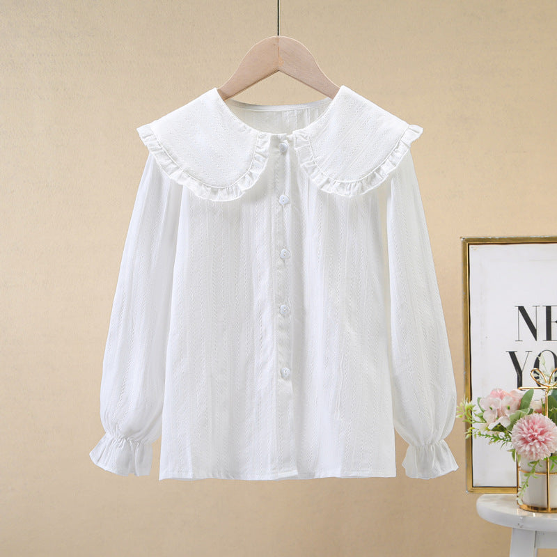 Girls Cotton Lace Doll Collar White Shirt Long Sleeve Top