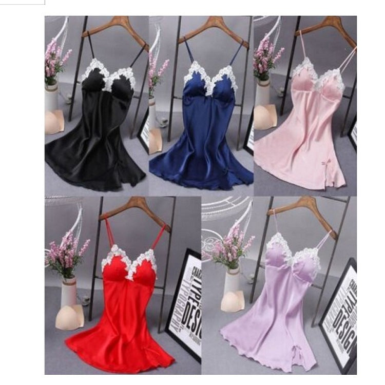 Lace Trim Silk Satin Deep V Nightdress with Side Slit